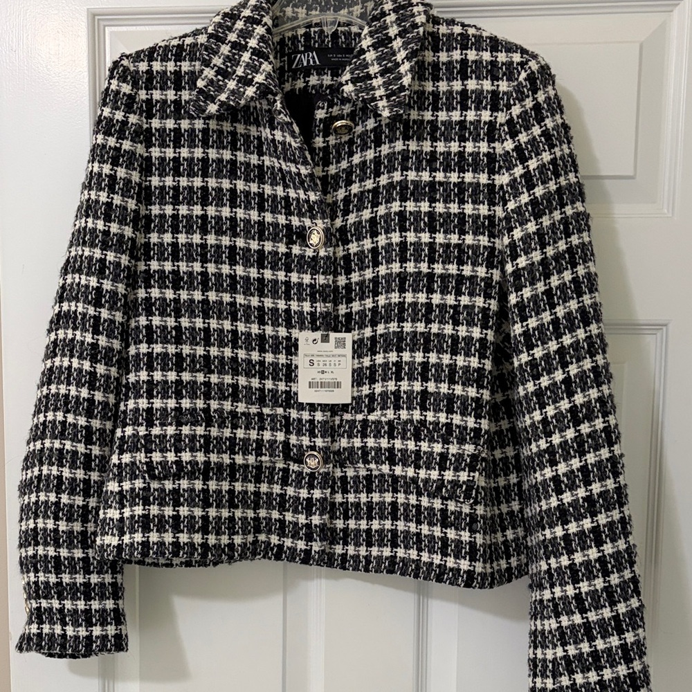 Zara Black & White Tweed Cropped Jacket